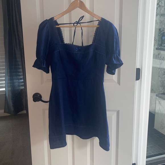 REFORMATION Evianna Puff Sleeve Linen Dress Dark Navy Lace Trim Bow Rosebud Sz 8 - Picture 5 of 9